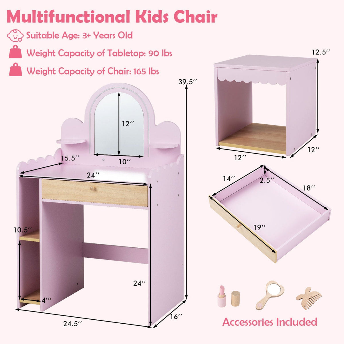 Pink kids vanity table set with LED mirror and matching stool, perfect for pretend makeup and dress-up play.