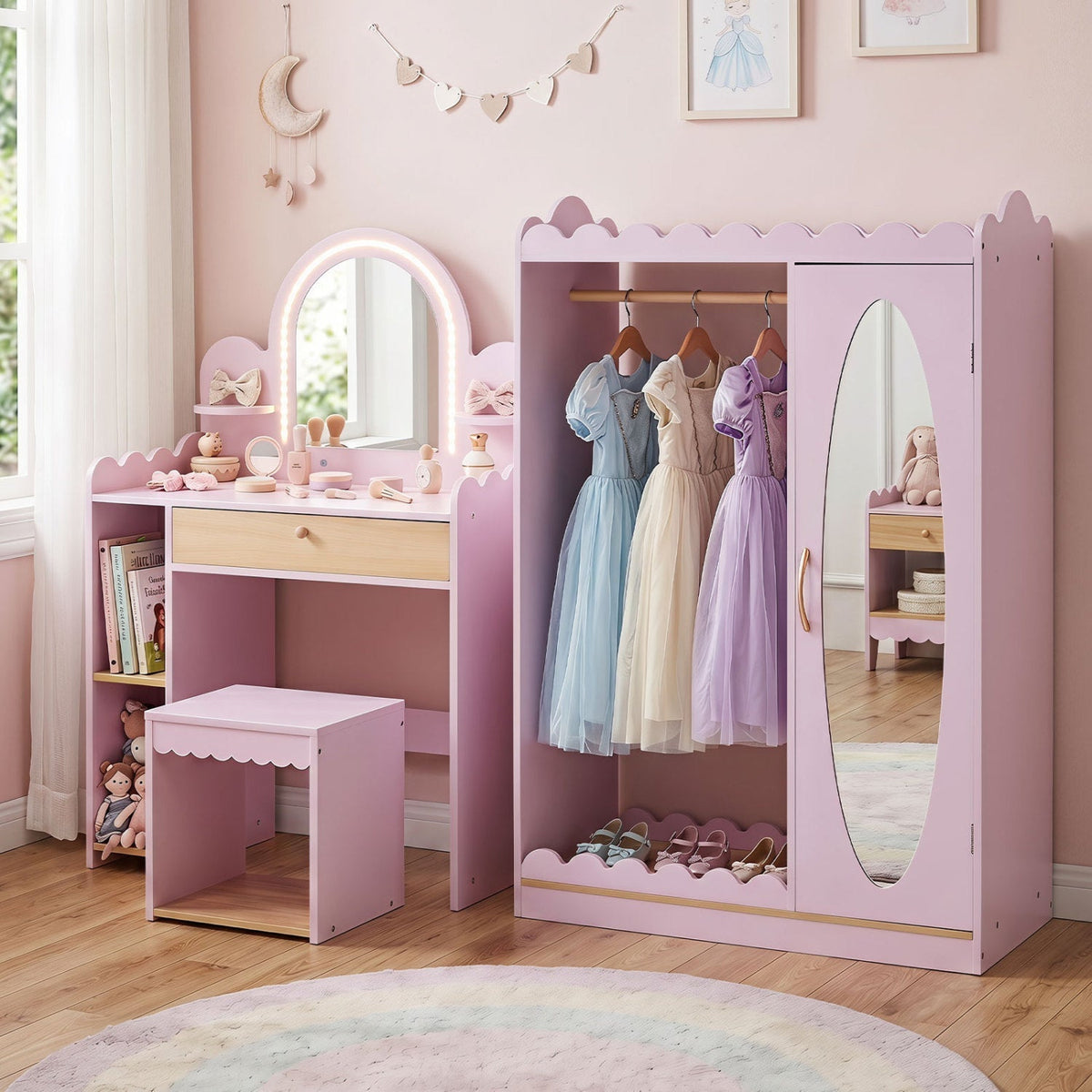 Pink kids vanity table set with LED mirror, matching stool, and pretend makeup accessories, designed for children.