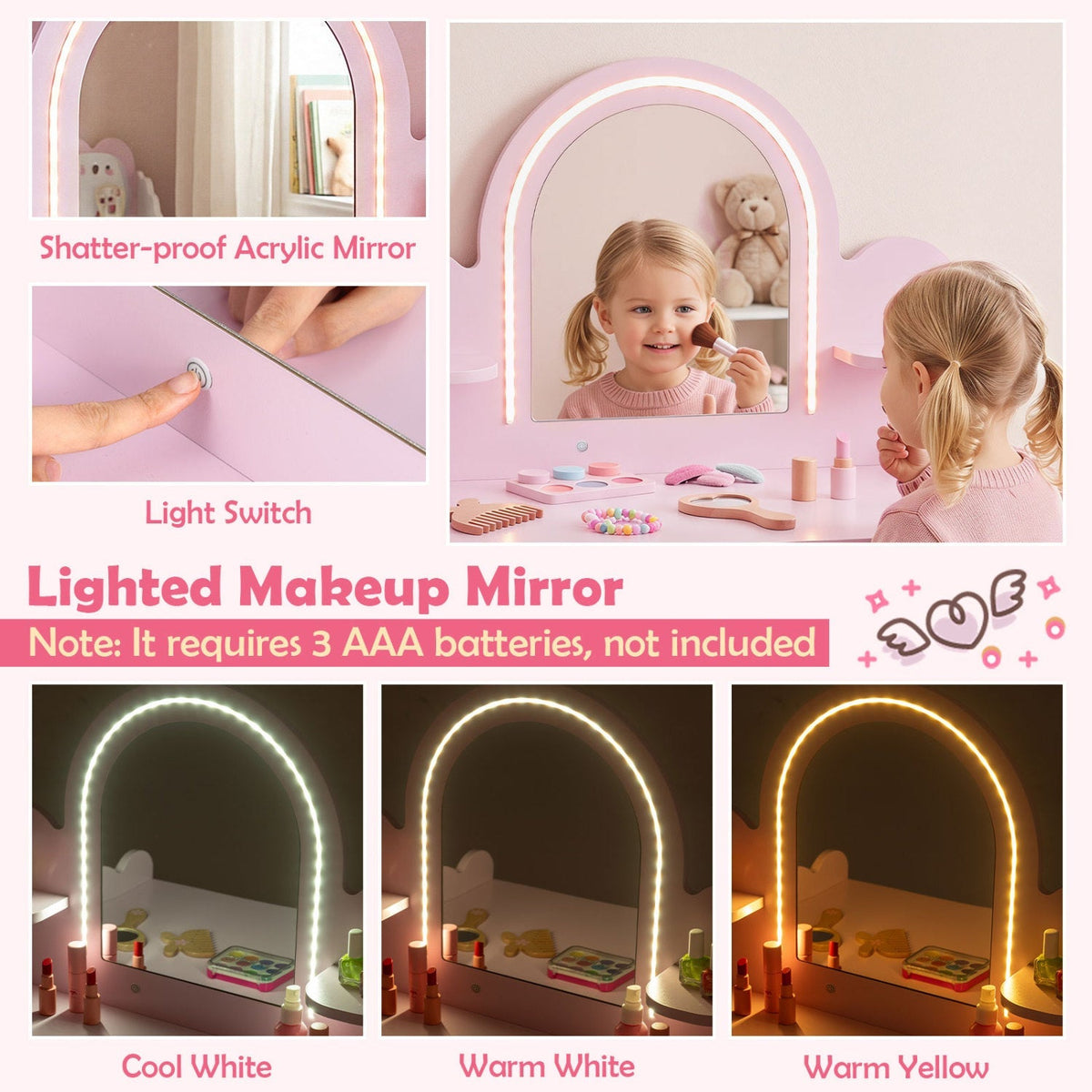 Pink Kids vanity table set with LED mirror, pretend makeup accessories, and matching stool, ideal for children's play and dress-up.