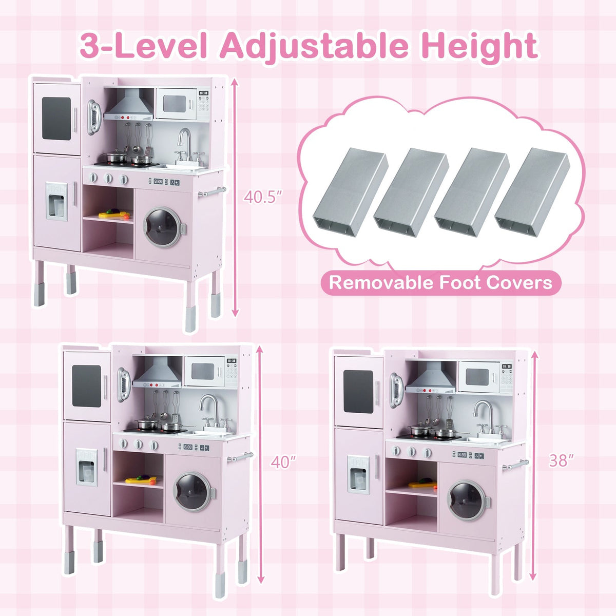 GBruno Store pretend play kitchen toy set with range hood, ice maker, and telephone, featuring realistic kitchen accessories and appliances.
