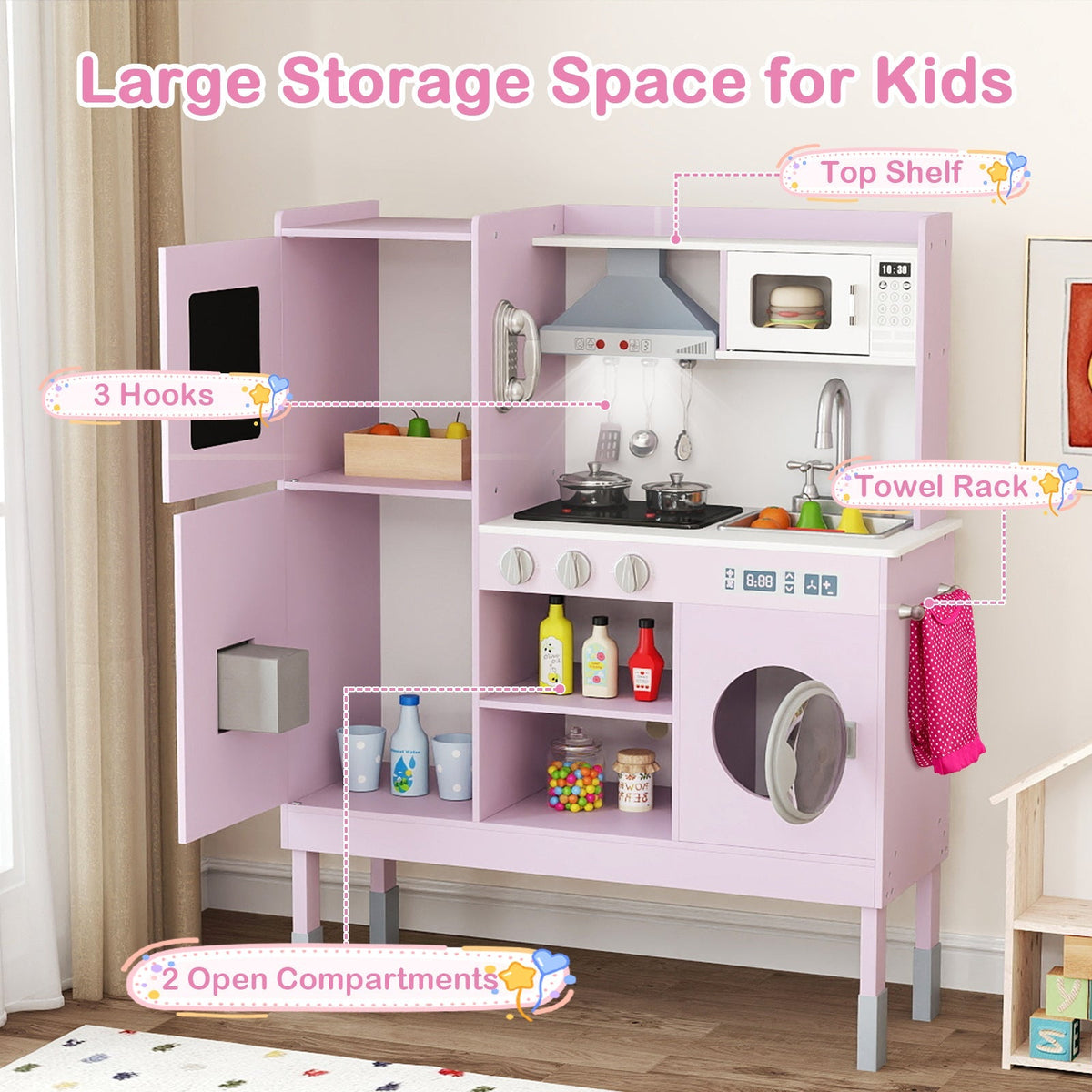 GBruno pretend play kitchen set with range hood, ice maker, and telephone for kids, featuring realistic kitchen appliances and accessories.