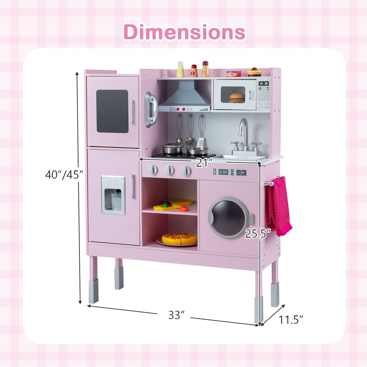 GBruno pretend play kitchen toy set with range hood, ice maker, and telephone, featuring realistic appliances and colorful design.
