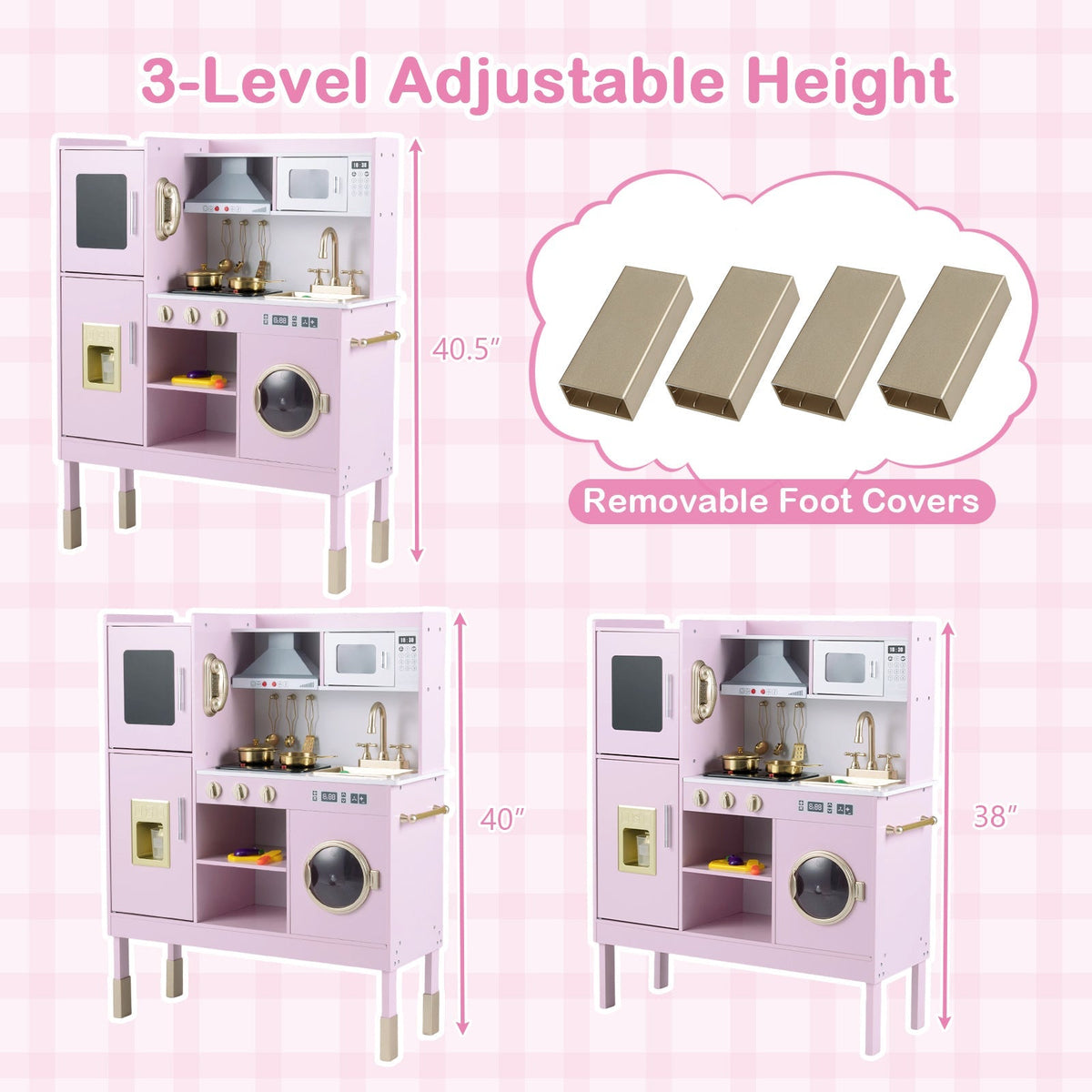 GBruno pretend play kitchen toy set with stove, range hood, ice maker, and telephone for imaginative play.