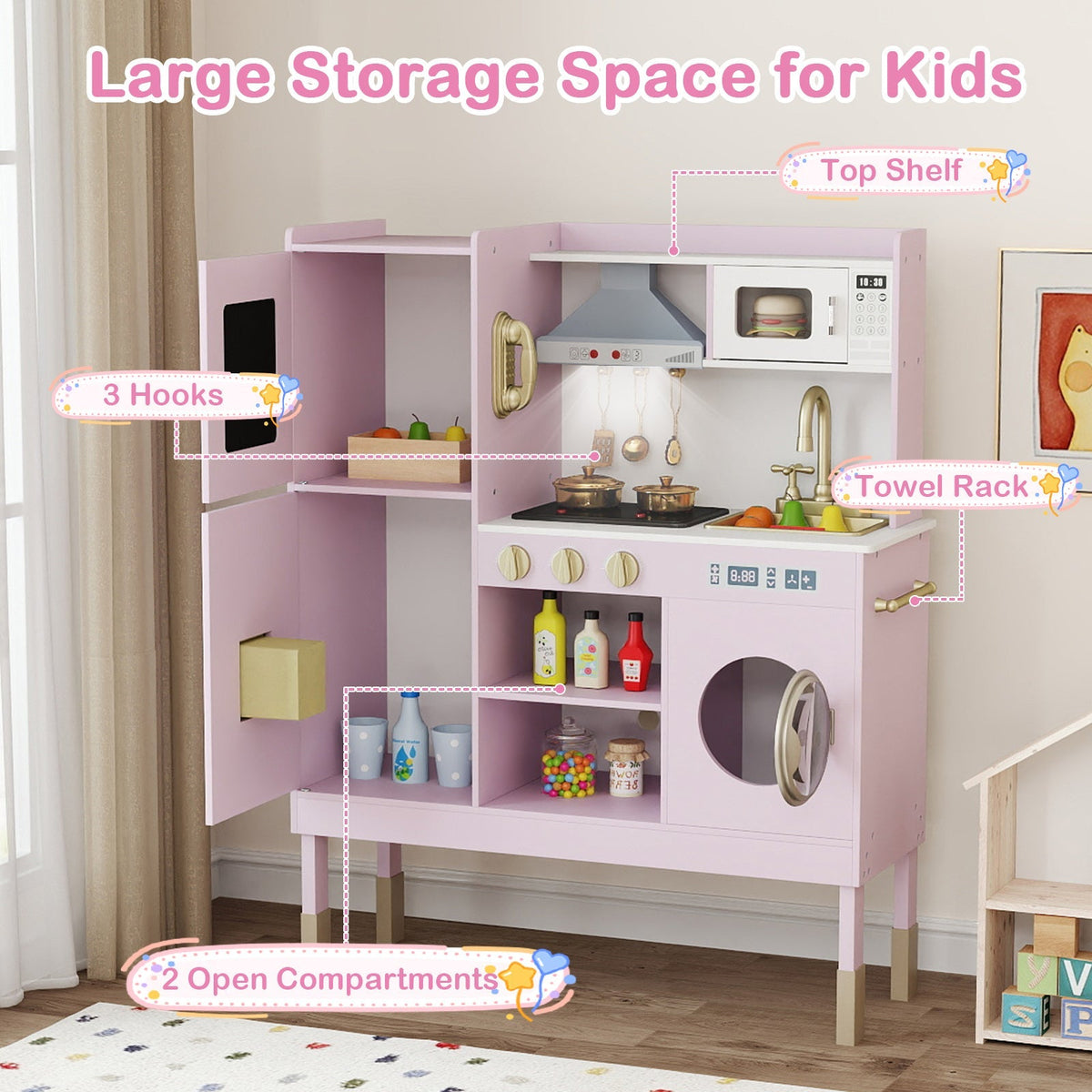 GBruno pretend play kitchen set with range hood, ice maker, and telephone for kids, featuring realistic kitchen appliances and accessories.