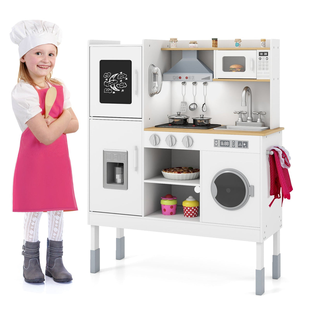 GBruno pretend play kitchen set with range hood, ice maker, and telephone for kids, featuring colorful toy kitchen appliances.