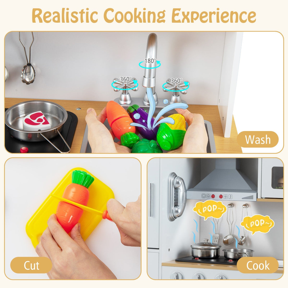 GBruno Store pretend play kitchen set with range hood, ice maker, and telephone, featuring realistic toy appliances and accessories.