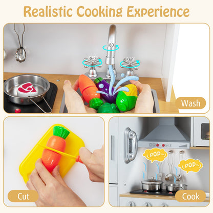 GBruno Store pretend play kitchen set with range hood, ice maker, and telephone, featuring realistic toy appliances and accessories.