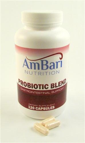 AmBari Nutrition probiotic blend supplement bottle with capsules, featuring natural ingredients for digestive health.