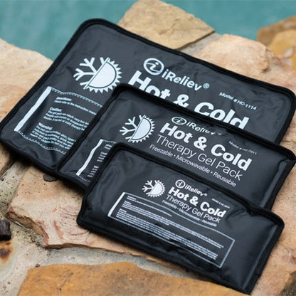 iReliev premium reusable hot and cold therapy gel pack with securement straps for targeted pain relief and temperature therapy.
