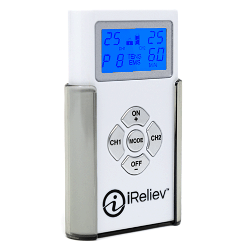 iReliev TENS Unit for pain relief and recovery, showing front view with digital display and electrode pads.