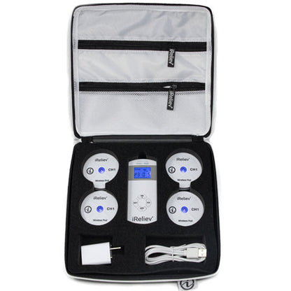 Hard protective carry case for iReliev wireless TENS EMS device, designed for secure storage and portability of accessories.