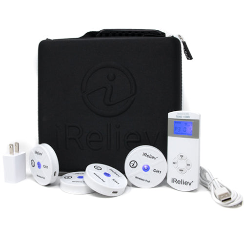 iReliev hard protective carry case for wireless TENS EMS device, showing durable black exterior with zipper closure and handle.