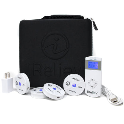 iReliev hard protective carry case for wireless TENS EMS device, showing durable black exterior with zipper closure and handle.