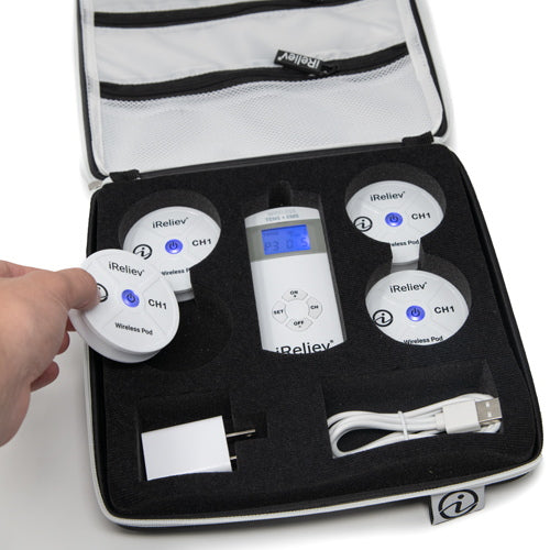 iReliev hard protective carry case for wireless TENS EMS device, showing sturdy black exterior with secure zipper closure.