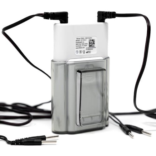 iReliev TENS unit for pain relief and recovery, showing the portable device with attached electrode pads and control panel.