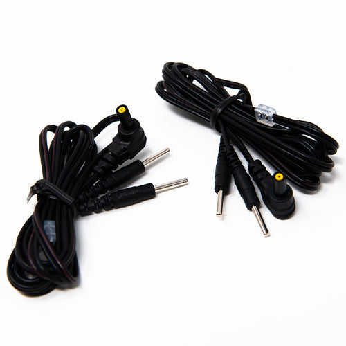 iReliev extra long TENS lead wires for electrotherapy devices, showing durable, flexible accessory cables on a white background.