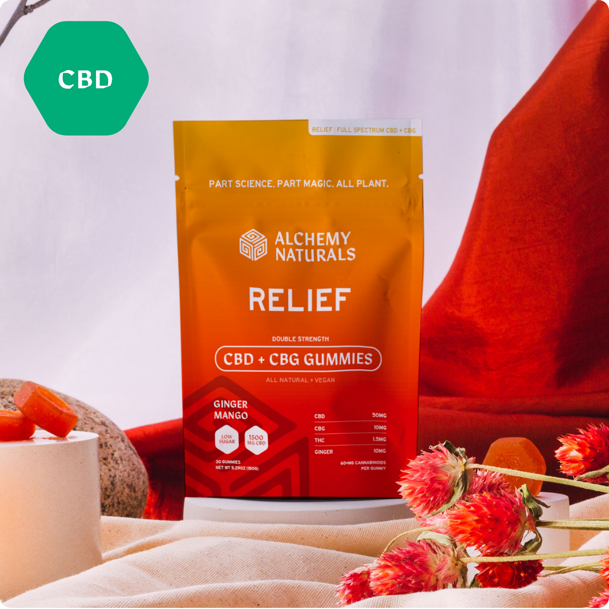 Hemp-derived CBD gummies for soothing relief with CBG in a clear container, produced by Alchemy Naturals.