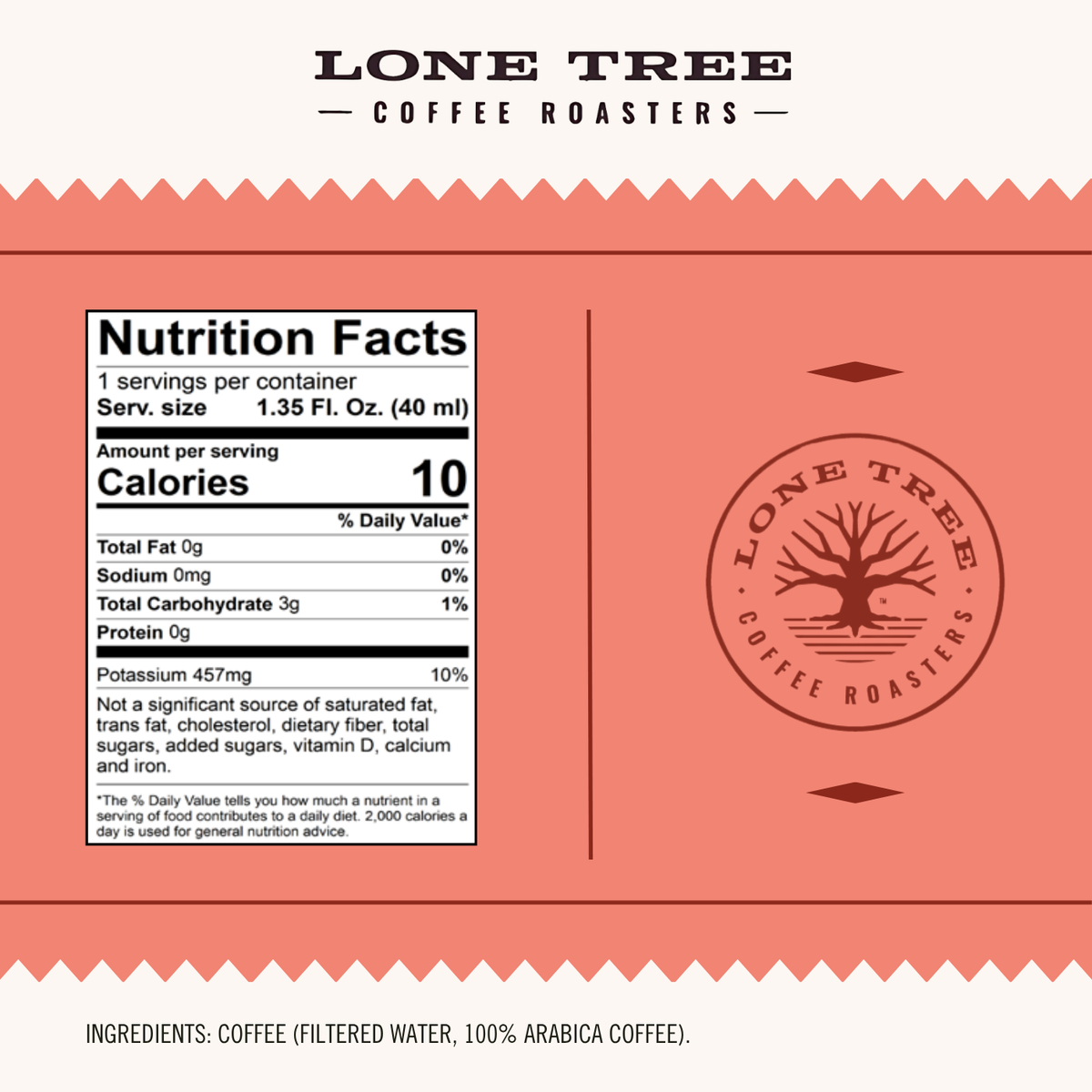 Java House Lone Tree Coffee Roasters Medium Roast Daily Delight product nutrition labels on a printed sheet