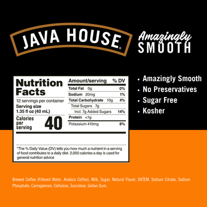 Java House salted caramel cold brew coffee pods with lightly sweet flavor, shown on nutrition label image.
