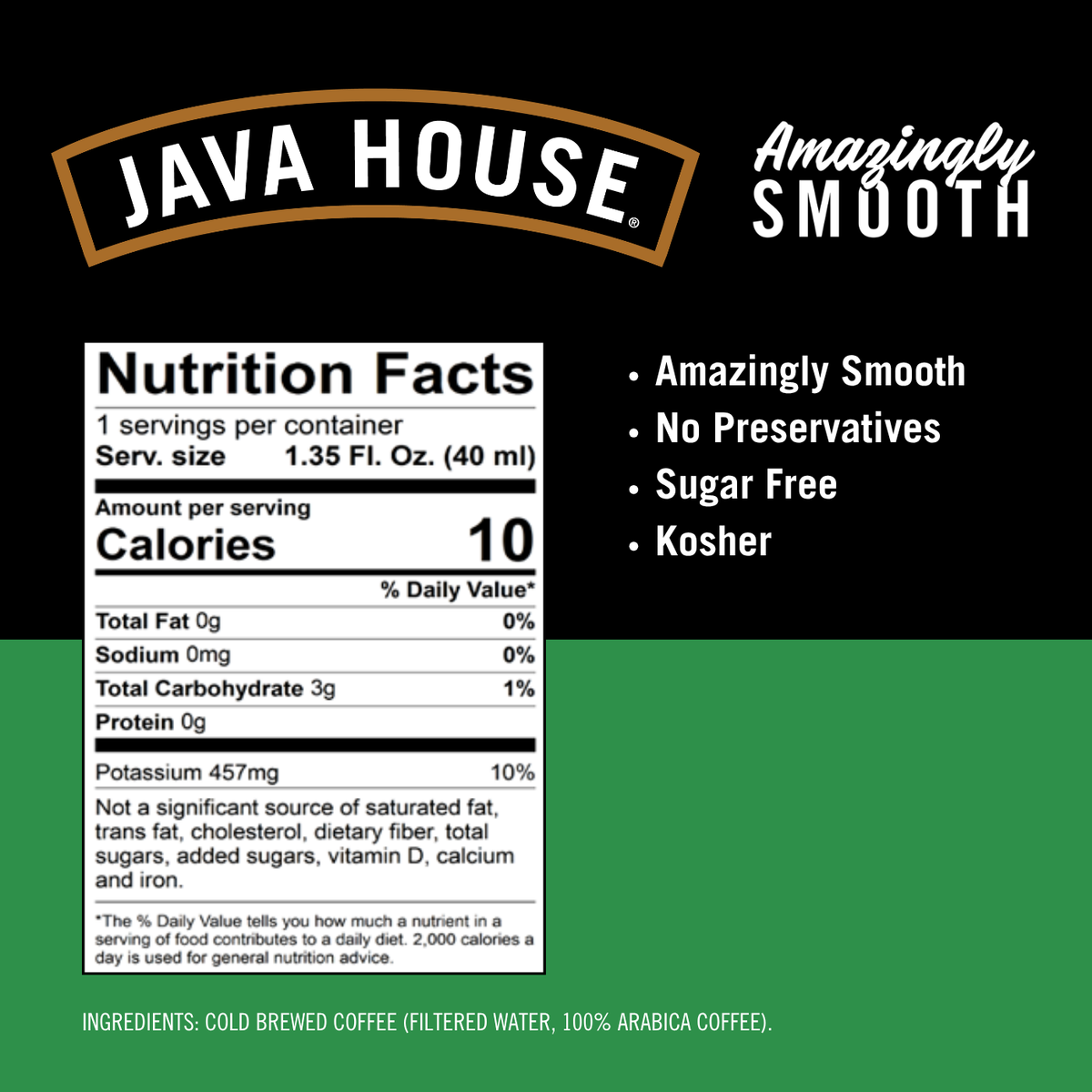Decaf Cold Brew Coffee Pods by Java House, showing nutrition labels and packaging for easy brewing.