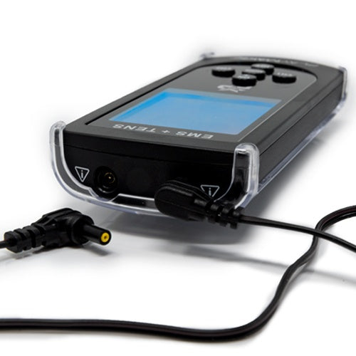 iReliev SPORT TENS + EMS muscle stimulator device with multiple electrode pads for pain relief and muscle recovery.