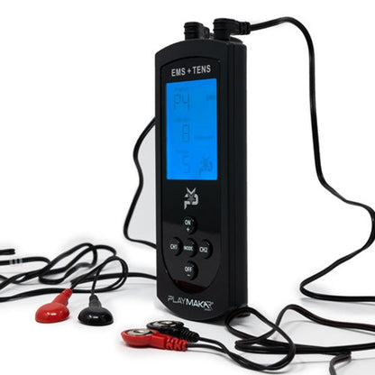iReliev SPORT TENS + EMS muscle stimulator TENS unit with electrodes for pain relief and muscle therapy.