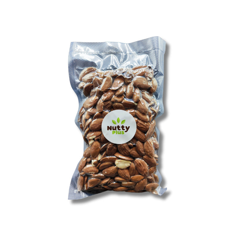 Shelled Avola almonds from Nutty, showcasing glossy, crunchy dried almonds in a 300g package for snacking or baking.