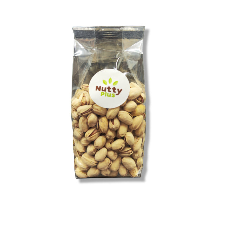 Roasted and salted pistachios from Nutty, 200g, showing green and brown shelled pistachios with a crunchy texture.