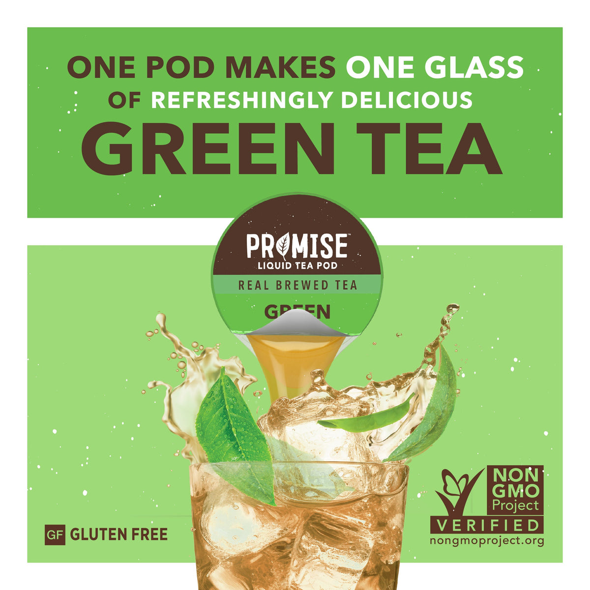 Java House Promise Real Brewed Green Tea in a clear glass with fresh green tea leaves and a refreshing look.
