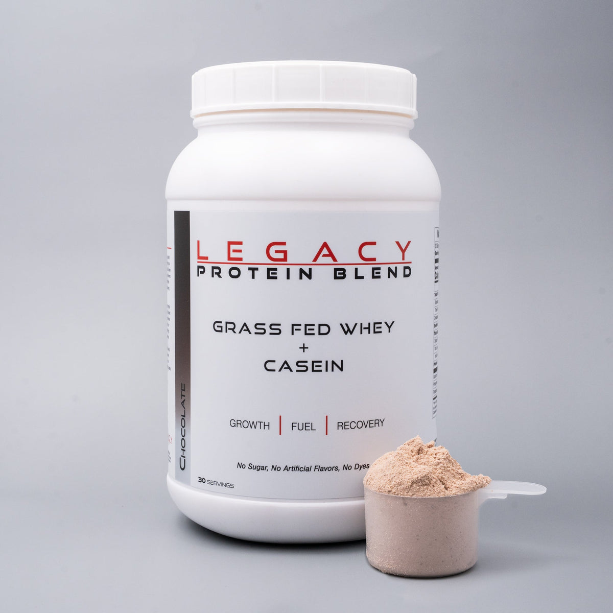 Chocolate scoop of Legacy Grass-Fed Protein Blend from Legacy Performance, a vitamins and supplements product for muscle support.
