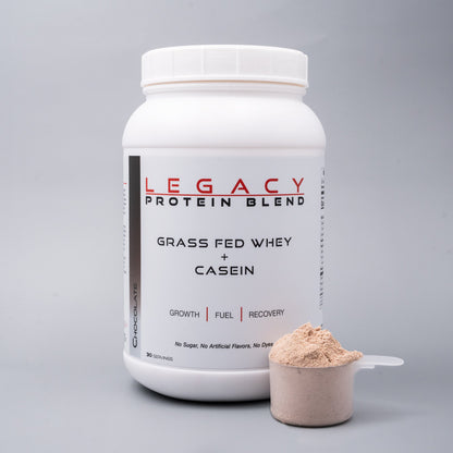 Chocolate scoop of Legacy Grass-Fed Protein Blend from Legacy Performance, a vitamins and supplements product for muscle support.