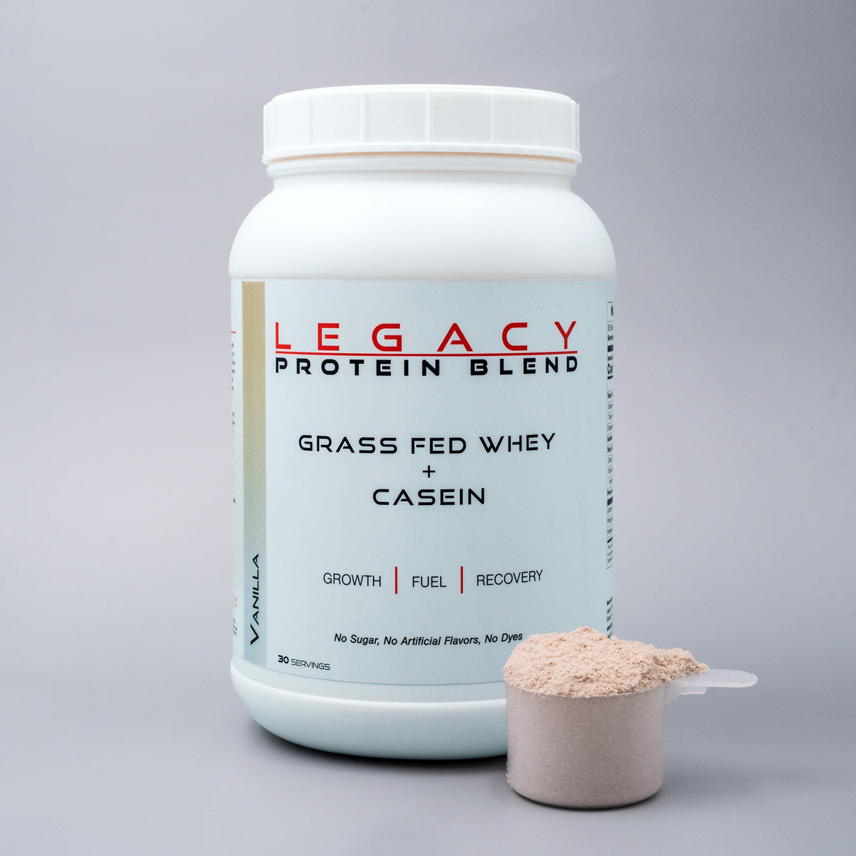 Vanilla-flavored Legacy Grass-Fed Protein Blend scoop in a jar, part of Legacy Performance vitamins and supplements.