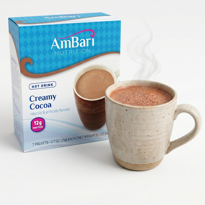 AmBari Nutrition hot chocolate drink with creamy cocoa, showcasing a rich, smooth chocolate beverage in a mug.