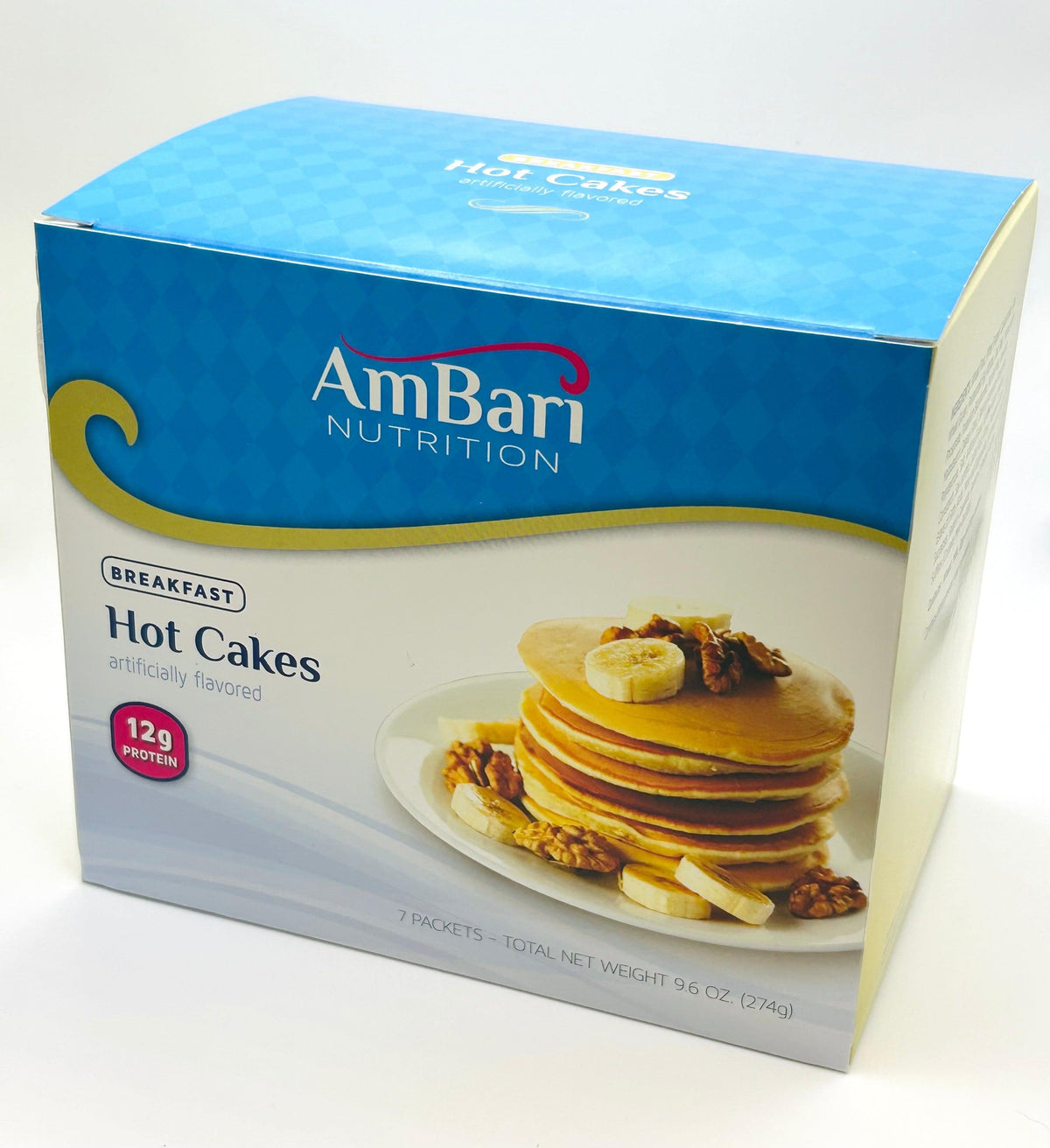 AmBari Nutrition protein hot cakes stacked on a plate with syrup and fruit for a hearty breakfast.