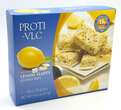 AmBari Nutrition Fluffy Lemon Protein Bar box featuring several lemon-flavored bars with a soft, fluffy texture and bright lemon accents.