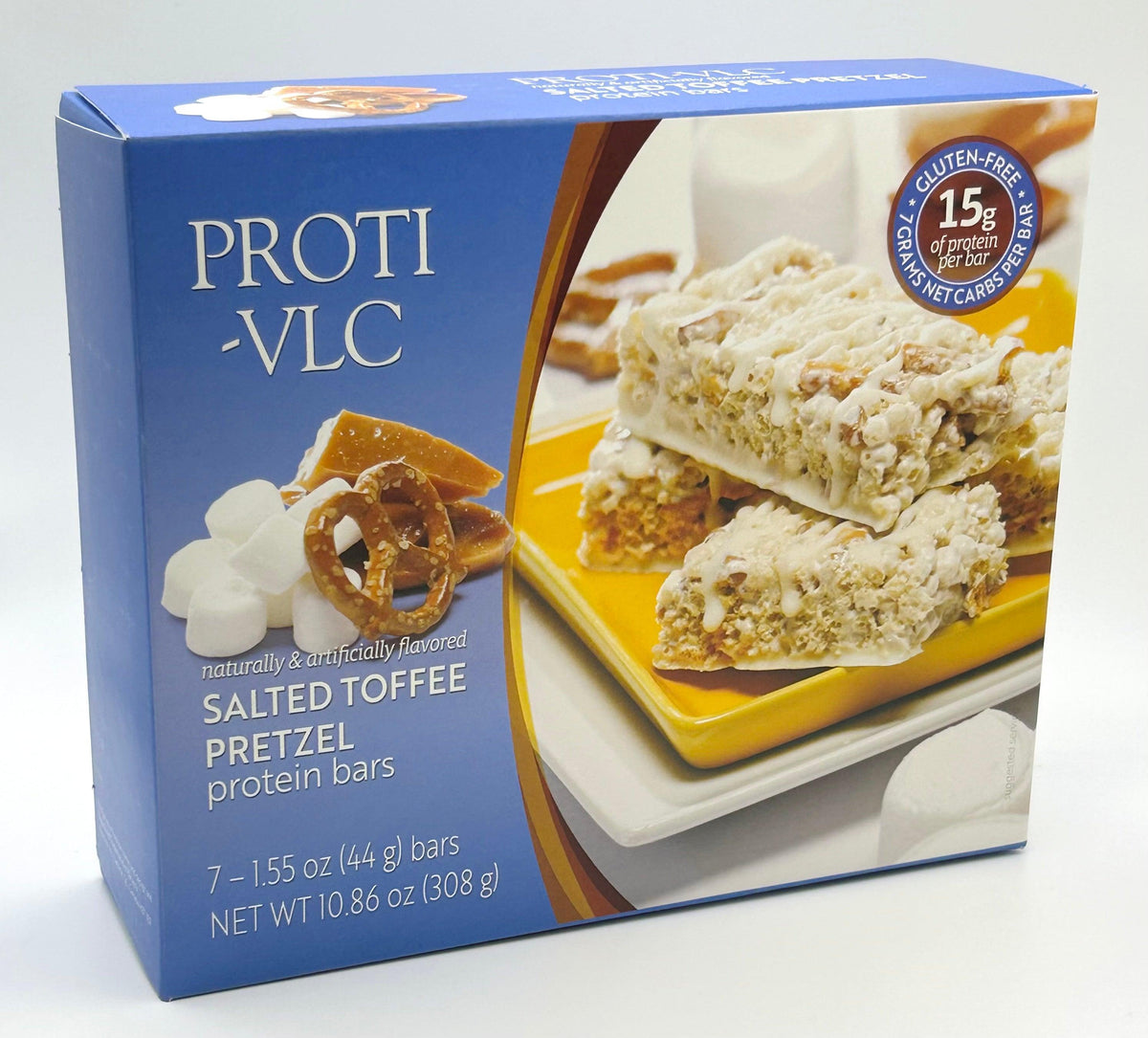 AmBari Nutrition Salted Toffee Pretzel protein bar showing a close-up of the bar with salted toffee and pretzel pieces