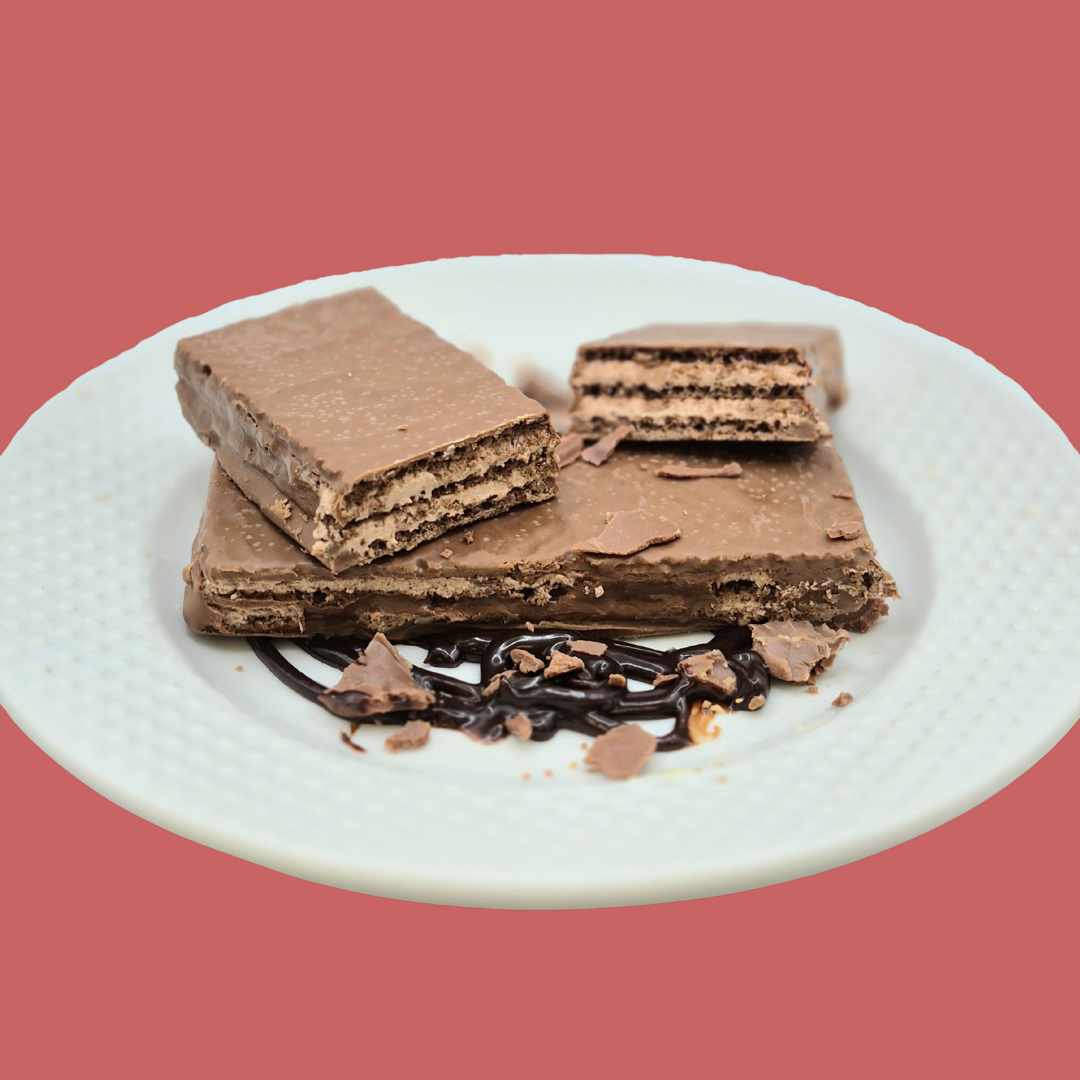 Chocolate ProtiDiet wafer bar by AmBari Nutrition, showing a crispy, layered snack with chocolate coating and branding.