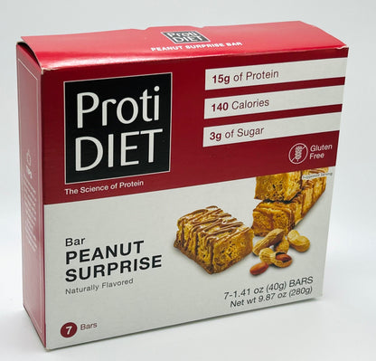 Peanut Surprise protein bar by AmBari Nutrition from ProtiDiet, showing a chocolate-coated bar with peanut pieces on the packaging.