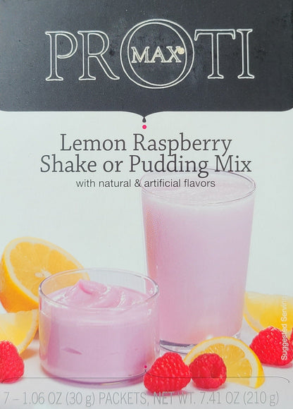 Lemon Raspberry Shake by AmBari Nutrition in a glass, showcasing the bright yellow and red fruit flavors of the protein shake.