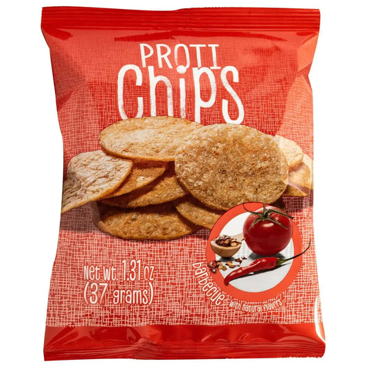 High-protein potato chips from AmBari Nutrition's Proti Chips snack line, showing crispy, seasoned snack chips in a close-up view.