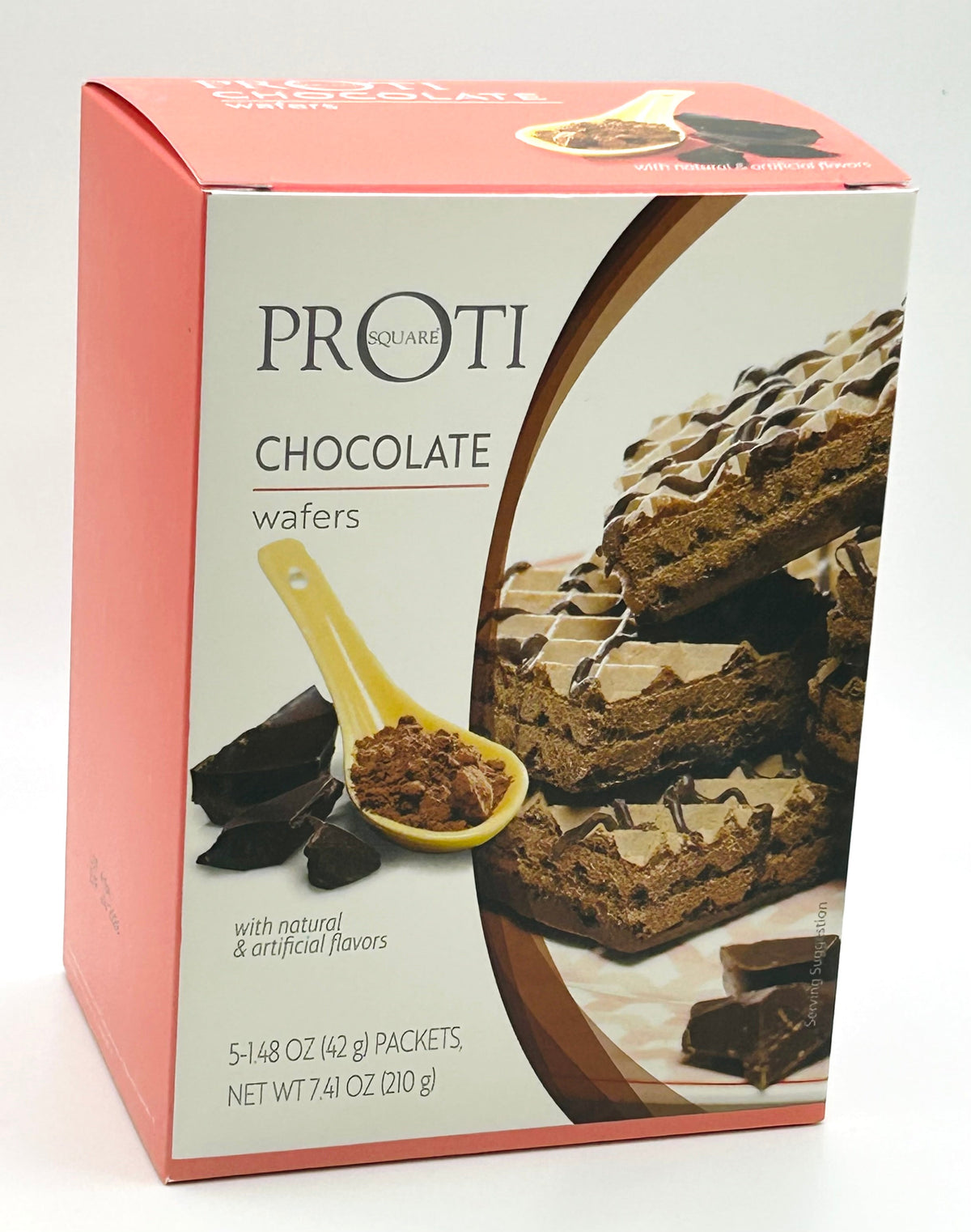 AmBari Nutrition Proti Wafer Squares with chocolate flavor, showing crispy wafer bars with chocolate coating.