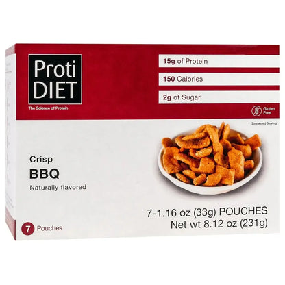 AmBari Nutrition Protidiet BBQ Crisps in a bowl, showing crispy, flavored protein snacks with BBQ seasoning on the surface.