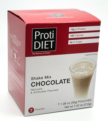 AmBari Nutrition Protidiet Chocolate Shake in a glass, showing creamy chocolate-flavored protein shake with a straw and a spoon.