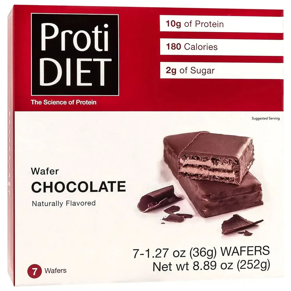 AmBari Nutrition PROTIDIET wafer bar with creamy chocolate coating and layered protein filling, ideal for healthy snacking.