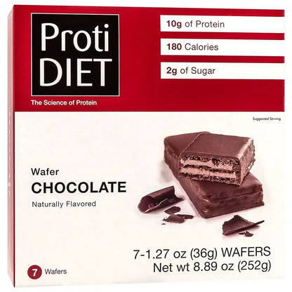 AmBari Nutrition PROTIDIET wafer bar with creamy chocolate coating and layered protein filling, ideal for healthy snacking.