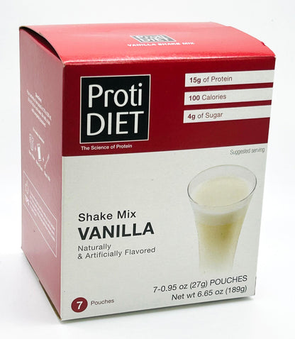 Creamy vanilla Protidiet shake by AmBari Nutrition in a glass bottle with a splash of vanilla flavor and nutritional info label.