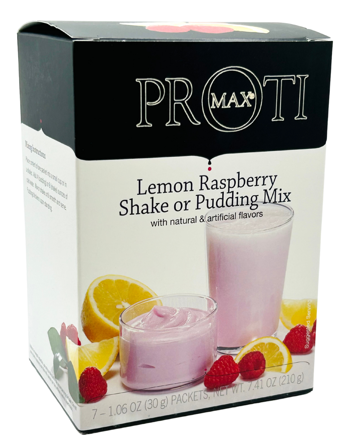 AmBari Nutrition Lemon Raspberry Shake with protein powder in a glass, showcasing fresh lemon and raspberry ingredients.