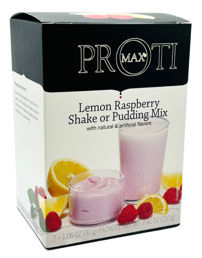 AmBari Nutrition Lemon Raspberry Shake with protein powder in a glass, showcasing fresh lemon and raspberry ingredients.