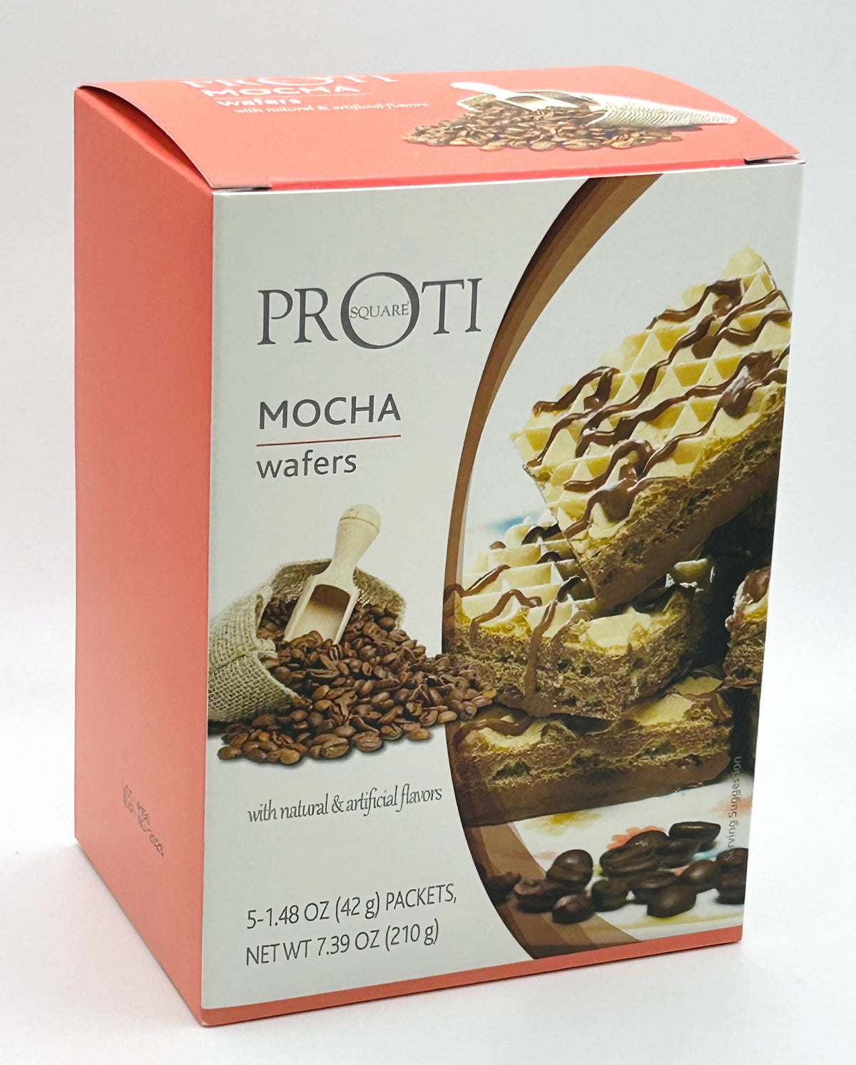 AmBari Nutrition Proti Mocha Wafer Squares bars with layered chocolate and coffee flavor, showing crispy wafer layers and packaging.