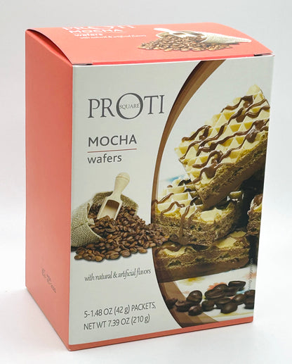 AmBari Nutrition Proti Mocha Wafer Squares bars with layered chocolate and coffee flavor, showing crispy wafer layers and packaging.